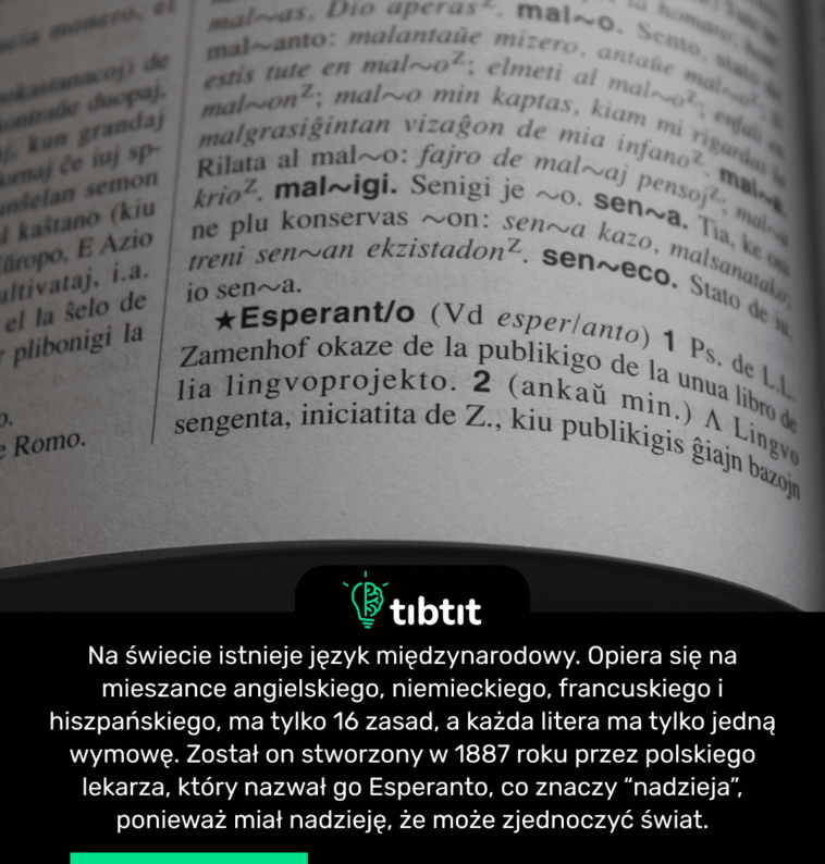 Na świecie istnieje język międzynarodowy. Opiera się na mieszance angielskiego, niemieckiego, francuskiego i hiszpańskiego, ma tylko 16 zasad, a każda litera ma tylko jedną wymowę. Został on stworzony w 1887 roku przez polskiego lekarza, który nazwał go Esperanto, co znaczy “nadzieja”, ponieważ miał nadzieję, że może zjednoczyć świat.