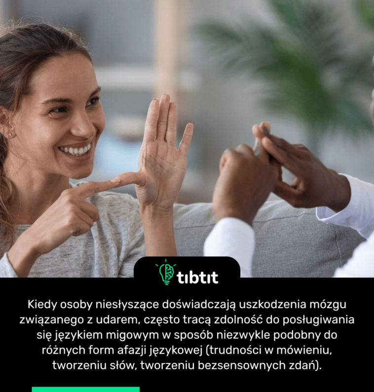 Kiedy osoby niesłyszące doświadczają uszkodzenia mózgu związanego z udarem, często tracą zdolność do posługiwania się językiem migowym w sposób niezwykle podobny do różnych form afazji językowej (trudności w mówieniu, tworzeniu słów, tworzeniu bezsensownych zdań).