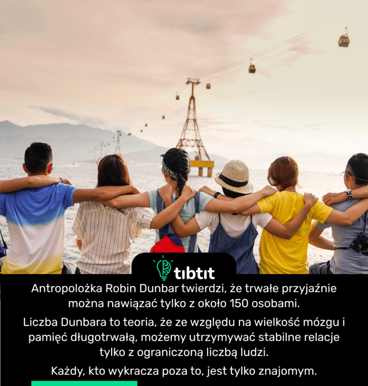 Antropolożka Robin Dunbar twierdzi, że trwałe przyjaźnie można nawiązać tylko z około 150 osobami. Liczba Dunbara to teoria, że ze względu na wielkość mózgu i pamięć długotrwałą, możemy utrzymywać stabilne relacje tylko z ograniczoną liczbą ludzi. Każdy, kto wykracza poza to, jest tylko znajomym.