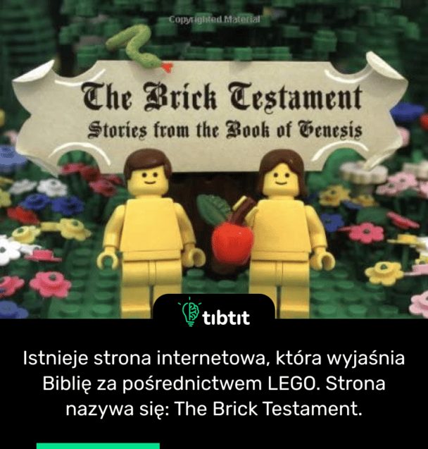 Istnieje strona internetowa, która wyjaśnia Biblię za pośrednictwem LEGO. Strona nazywa się: The Brick Testament.