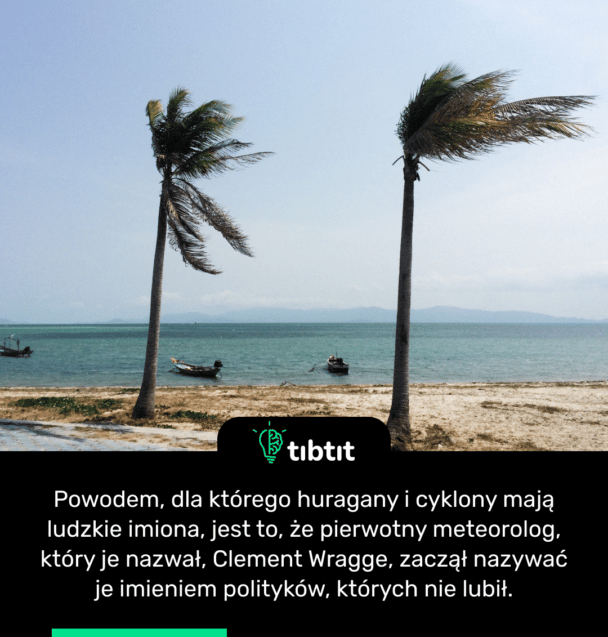 Powodem, dla którego huragany i cyklony mają ludzkie imiona, jest to, że pierwotny meteorolog, który je nazwał, Clement Wragge, zaczął nazywać je imieniem polityków, których nie lubił.