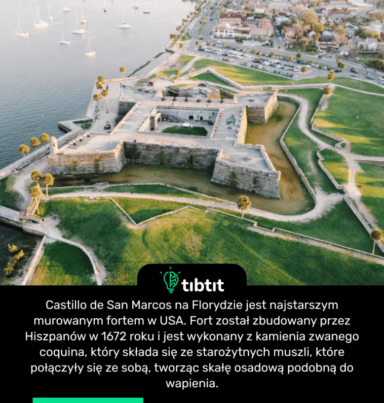 Castillo de San Marcos na Florydzie jest najstarszym murowanym fortem w USA. Fort został zbudowany przez Hiszpanów w 1672 roku i jest wykonany z kamienia zwanego coquina, który składa się ze starożytnych muszli, które połączyły się ze sobą, tworząc skałę osadową podobną do wapienia.