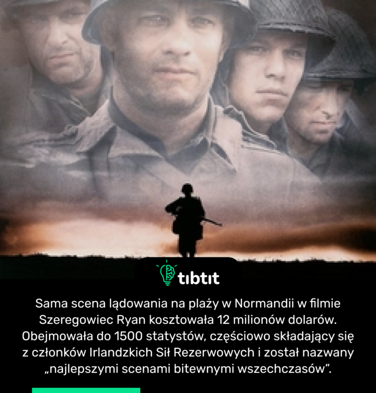 Sama scena lądowania na plaży w Normandii w filmie Szeregowiec Ryan kosztowała 12 milionów dolarów. Obejmowała do 1500 statystów, częściowo składający się z członków Irlandzkich Sił Rezerwowych i został nazwany „najlepszymi scenami bitewnymi wszechczasów”.