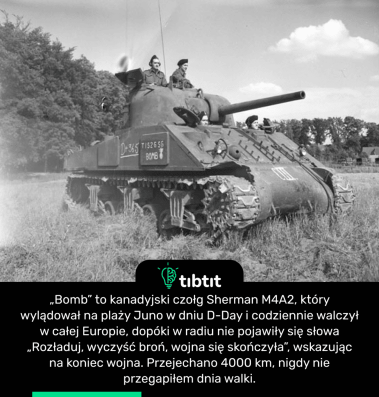 „Bomb” to kanadyjski czołg Sherman M4A2, który wylądował na plaży Juno w dniu D-Day i codziennie walczył w całej Europie, dopóki w radiu nie pojawiły się słowa „Rozładuj, wyczyść broń, wojna się skończyła”, wskazując na koniec wojna. Przejechano 4000 km, nigdy nie przegapiłem dnia walki.