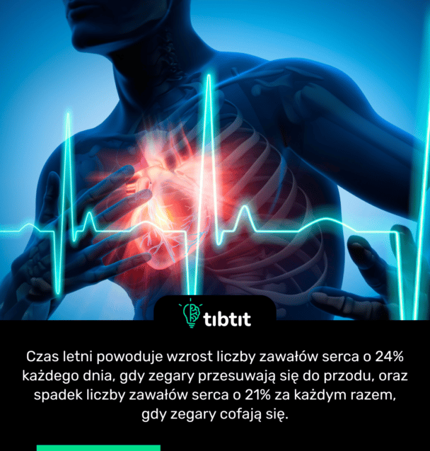 Czas letni powoduje wzrost liczby zawałów serca o 24% każdego dnia, gdy zegary przesuwają się do przodu, oraz spadek liczby zawałów serca o 21% za każdym razem, gdy zegary cofają się.