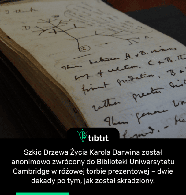 Szkic Drzewa Życia Karola Darwina został anonimowo zwrócony do Biblioteki Uniwersytetu Cambridge w różowej torbie prezentowej – dwie dekady po tym, jak został skradziony.