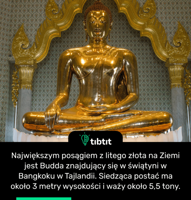Największym posągiem z litego złota na Ziemi jest Budda znajdujący się w świątyni w Bangkoku w Tajlandii. Siedząca postać ma około 3 metry wysokości i waży około 5,5 tony.
