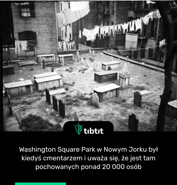 Washington Square Park w Nowym Jorku był kiedyś cmentarzem i uważa się, że jest tam pochowanych ponad 20 000 osób
