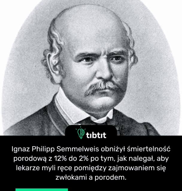 Ignaz Philipp Semmelweis obniżył śmiertelność porodową z 12% do 2% po tym, jak nalegał, aby lekarze myli ręce pomiędzy zajmowaniem się zwłokami a porodem.
