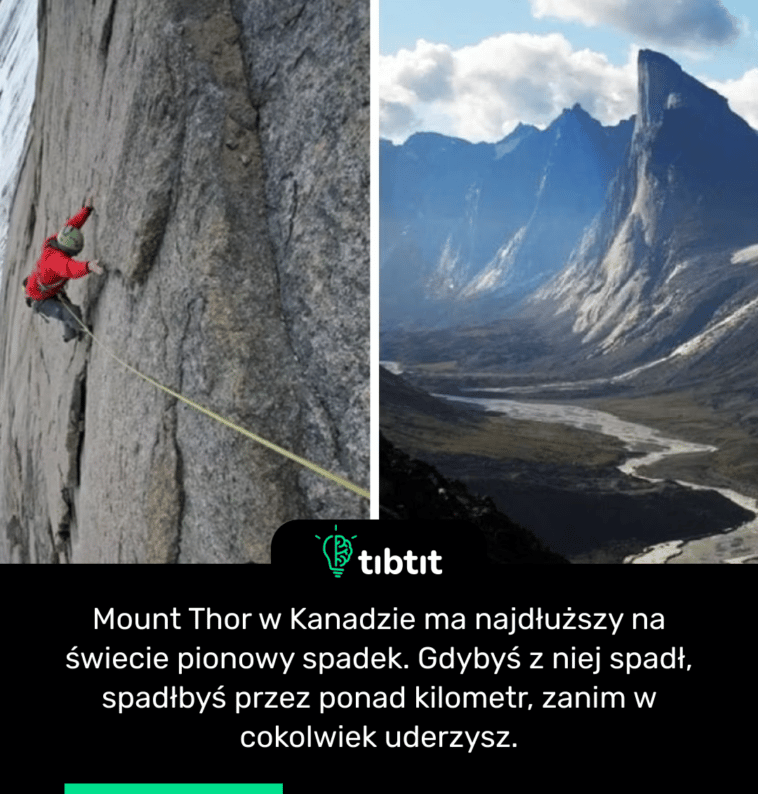 Mount Thor w Kanadzie ma najdłuższy na świecie pionowy spadek. Gdybyś z niej spadł, spadłbyś przez ponad kilometr, zanim w cokolwiek uderzysz.