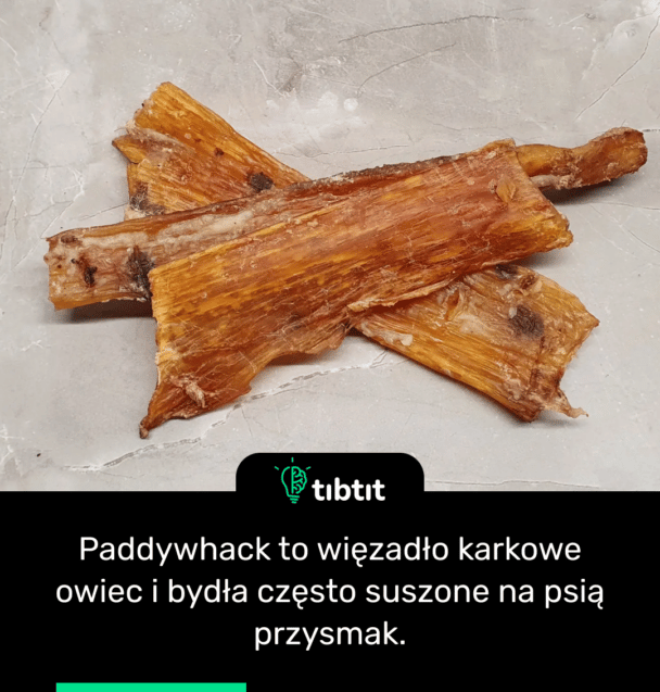 Paddywhack to więzadło karkowe owiec i bydła często suszone na psią przysmak.