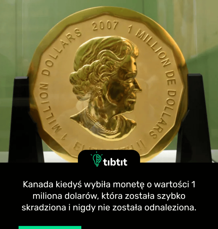 Kanada kiedyś wybiła monetę o wartości 1 miliona dolarów, która została szybko skradziona i nigdy nie została odnaleziona.