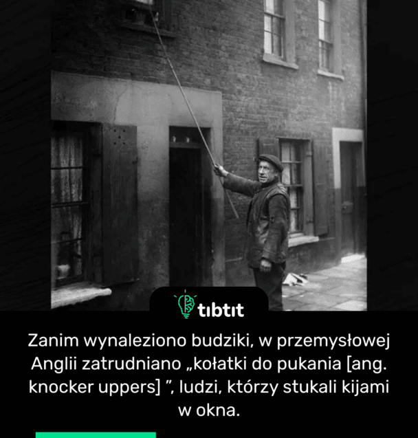 Zanim wynaleziono budziki, w przemysłowej Anglii zatrudniano „kołatki do pukania [ang. knocker uppers] ”, ludzi, którzy stukali kijami w okna.