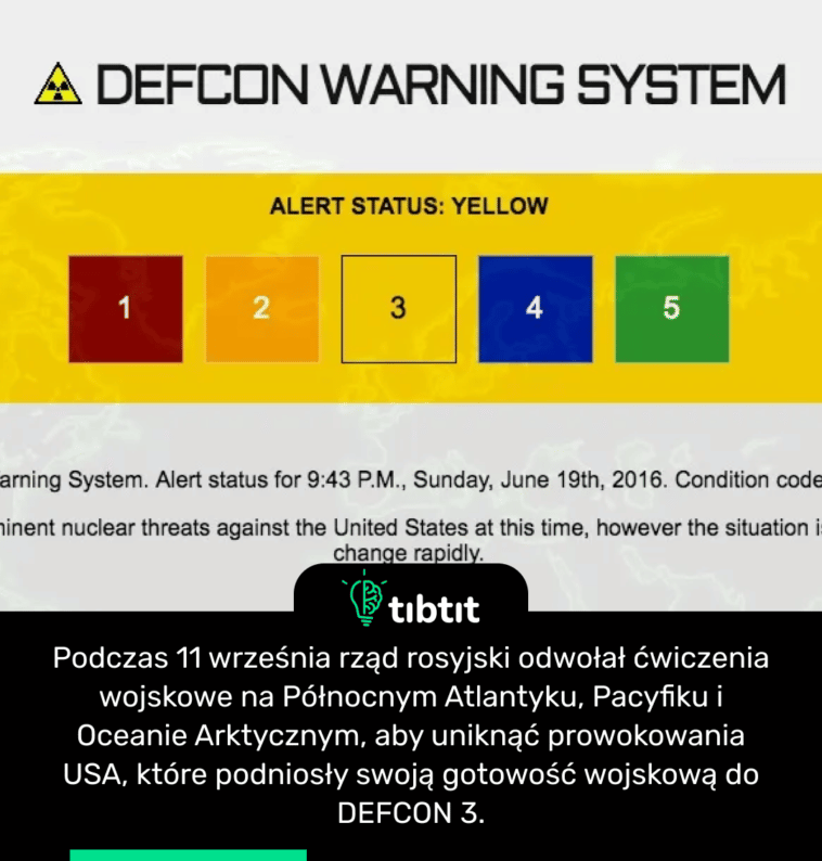 Podczas 11 września rząd rosyjski odwołał ćwiczenia wojskowe na Północnym Atlantyku, Pacyfiku i Oceanie Arktycznym, aby uniknąć prowokowania USA, które podniosły swoją gotowość wojskową do DEFCON 3.