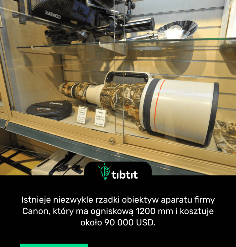 Istnieje niezwykle rzadki obiektyw aparatu firmy Canon, który ma ogniskową 1200 mm i kosztuje około 90 000 USD.