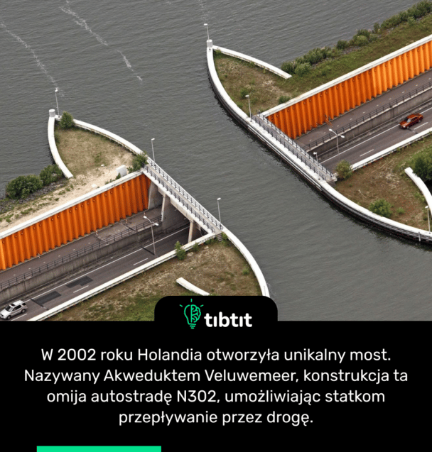W 2002 roku Holandia otworzyła unikalny most. Nazywany Akweduktem Veluwemeer, konstrukcja ta omija autostradę N302, umożliwiając statkom przepływanie przez drogę.
