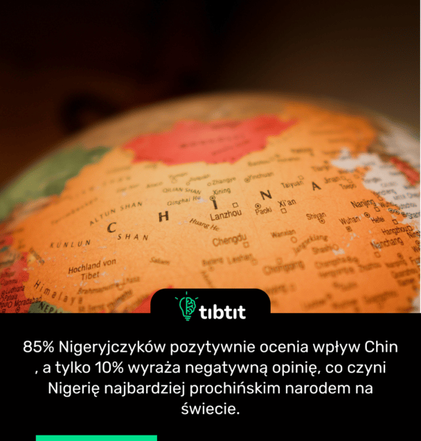 85% Nigeryjczyków pozytywnie ocenia wpływ Chin , a tylko 10% wyraża negatywną opinię, co czyni Nigerię najbardziej prochińskim narodem na świecie.
