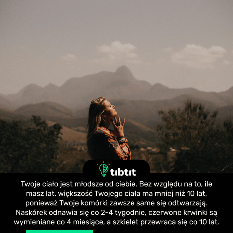 Twoje ciało jest młodsze od ciebie. Bez względu na to, ile masz lat, większość Twojego ciała ma mniej niż 10 lat, ponieważ Twoje komórki zawsze same się odtwarzają. Naskórek odnawia się co 2-4 tygodnie, czerwone krwinki są wymieniane co 4 miesiące, a szkielet przewraca się co 10 lat.