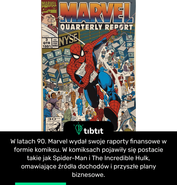 W latach 90. Marvel wydał swoje raporty finansowe w formie komiksu. W komiksach pojawiły się postacie takie jak Spider-Man i The Incredible Hulk, omawiające źródła dochodów i przyszłe plany biznesowe.