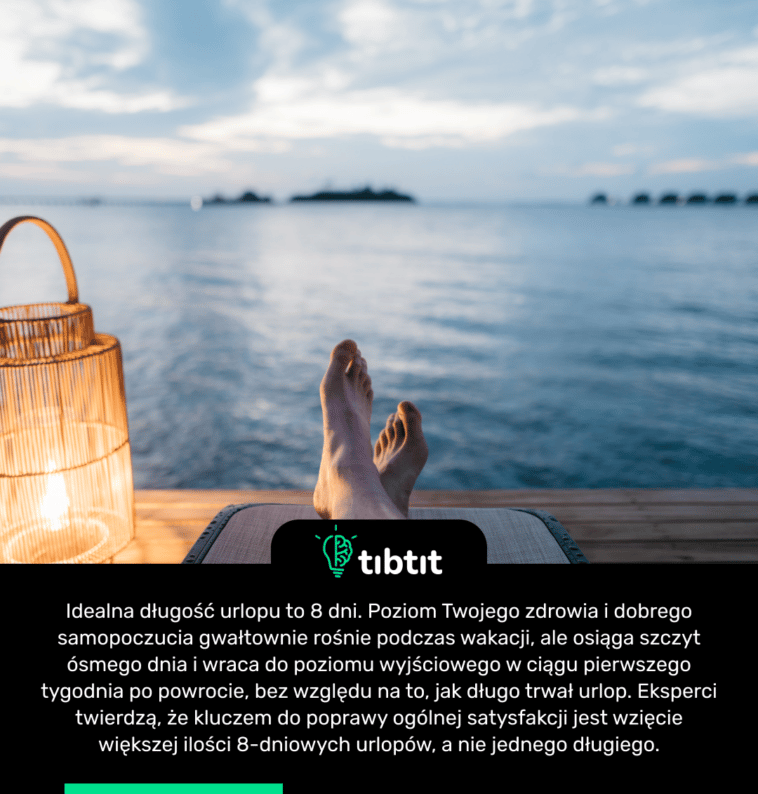 Idealna długość urlopu to 8 dni. Poziom Twojego zdrowia i dobrego samopoczucia gwałtownie rośnie podczas wakacji, ale osiąga szczyt ósmego dnia i wraca do poziomu wyjściowego w ciągu pierwszego tygodnia po powrocie, bez względu na to, jak długo trwał urlop. Eksperci twierdzą, że kluczem do poprawy ogólnej satysfakcji jest wzięcie większej ilości 8-dniowych urlopów, a nie jednego długiego.
