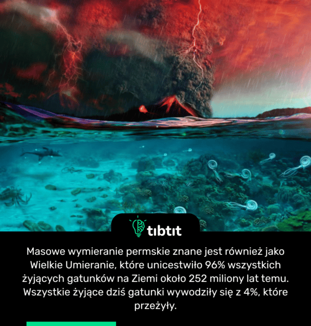 Masowe wymieranie permskie znane jest również jako Wielkie Umieranie, które unicestwiło 96% wszystkich żyjących gatunków na Ziemi około 252 miliony lat temu. Wszystkie żyjące dziś gatunki wywodziły się z 4%, które przeżyły.