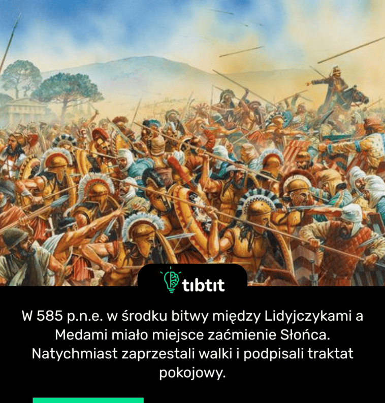 W 585 p.n.e. w środku bitwy między Lidyjczykami a Medami miało miejsce zaćmienie Słońca. Natychmiast zaprzestali walki i podpisali traktat pokojowy.