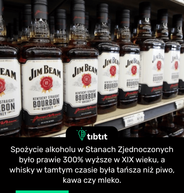 Spożycie alkoholu w Stanach Zjednoczonych było prawie 300% wyższe w XIX wieku, a whisky w tamtym czasie była tańsza niż piwo, kawa czy mleko.