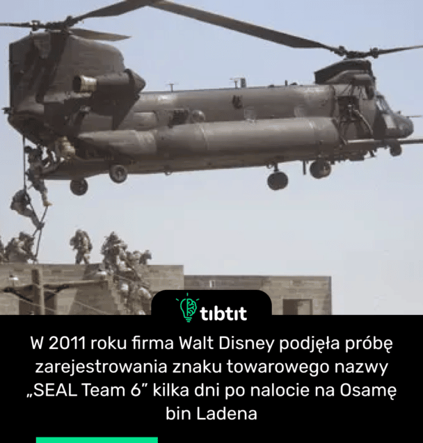 W 2011 roku firma Walt Disney podjęła próbę zarejestrowania znaku towarowego nazwy „SEAL Team 6” kilka dni po nalocie na Osamę bin Ladena