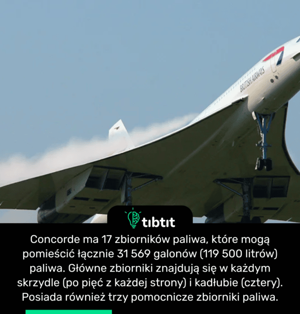 Concorde ma 17 zbiorników paliwa, które mogą pomieścić łącznie 31 569 galonów (119 500 litrów) paliwa. Główne zbiorniki znajdują się w każdym skrzydle (po pięć z każdej strony) i kadłubie (cztery). Posiada również trzy pomocnicze zbiorniki paliwa.