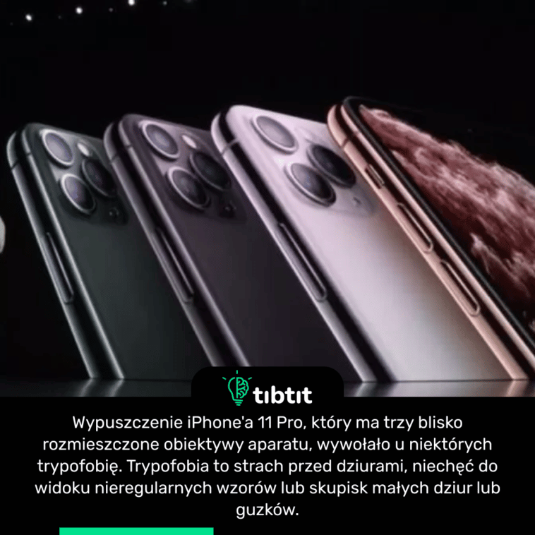 Wypuszczenie iPhone'a 11 Pro, który ma trzy blisko rozmieszczone obiektywy aparatu, wywołało u niektórych trypofobię. Trypofobia to strach przed dziurami, niechęć do widoku nieregularnych wzorów lub skupisk małych dziur lub guzków.