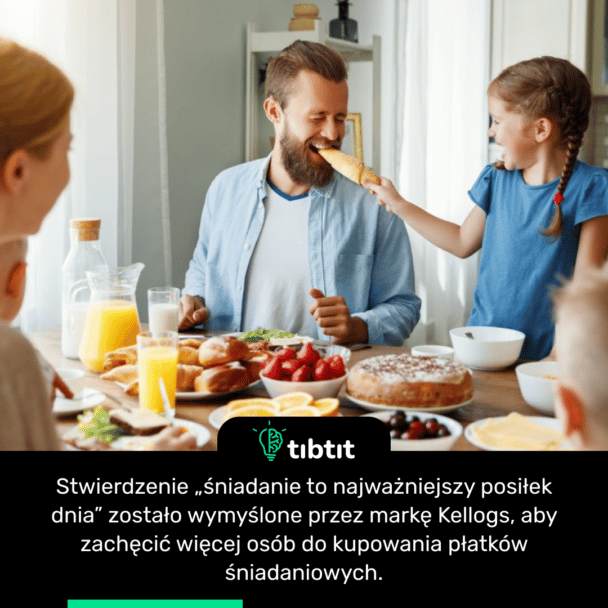 Stwierdzenie „śniadanie to najważniejszy posiłek dnia” zostało wymyślone przez markę Kellogs, aby zachęcić więcej osób do kupowania płatków śniadaniowych.