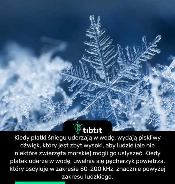 Kiedy płatki śniegu uderzają w wodę, wydają piskliwy dźwięk, który jest zbyt wysoki, aby ludzie (ale nie niektóre zwierzęta morskie) mogli go usłyszeć. Kiedy płatek uderza w wodę, uwalnia się pęcherzyk powietrza, który oscyluje w zakresie 50-200 kHz, znacznie powyżej zakresu ludzkiego.