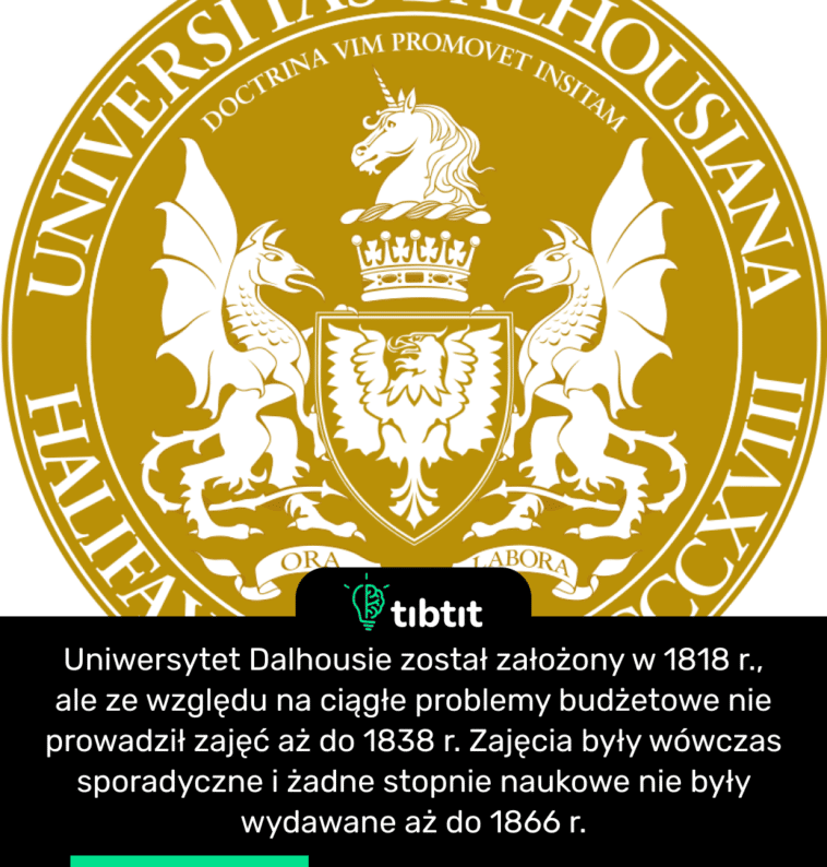 Uniwersytet Dalhousie został założony w 1818 r., ale ze względu na ciągłe problemy budżetowe nie prowadził zajęć aż do 1838 r. Zajęcia były wówczas sporadyczne i żadne stopnie naukowe nie były wydawane aż do 1866 r.