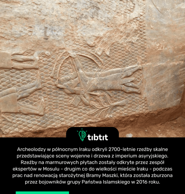 Archeolodzy w północnym Iraku odkryli 2700-letnie rzeźby skalne przedstawiające sceny wojenne i drzewa z imperium asyryjskiego. Rzeźby na marmurowych płytach zostały odkryte przez zespół ekspertów w Mosulu - drugim co do wielkości mieście Iraku - podczas prac nad renowacją starożytnej Bramy Maszki, która została zburzona przez bojowników grupy Państwa Islamskiego w 2016 roku.