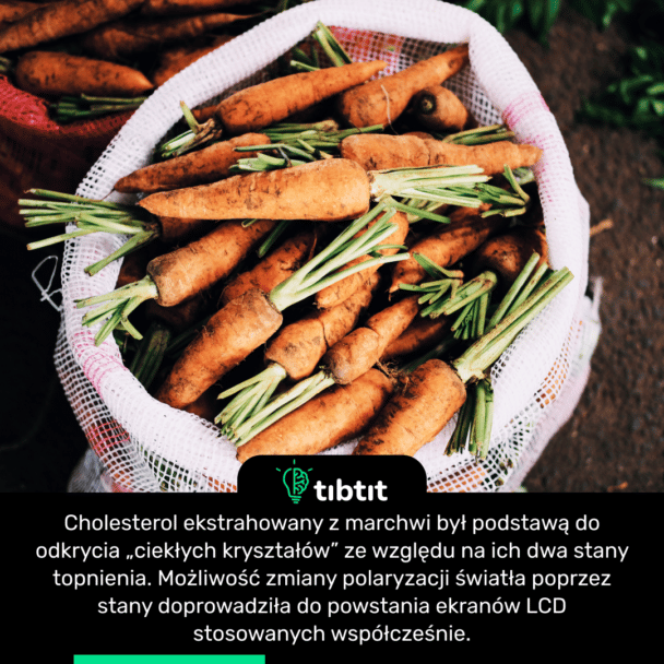 Cholesterol ekstrahowany z marchwi był podstawą do odkrycia „ciekłych kryształów” ze względu na ich dwa stany topnienia. Możliwość zmiany polaryzacji światła poprzez stany doprowadziła do powstania ekranów LCD stosowanych współcześnie.