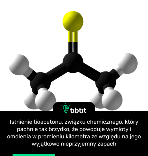 Istnienie tioacetonu, związku chemicznego, który pachnie tak brzydko, że powoduje wymioty i omdlenia w promieniu kilometra ze względu na jego wyjątkowo nieprzyjemny zapach