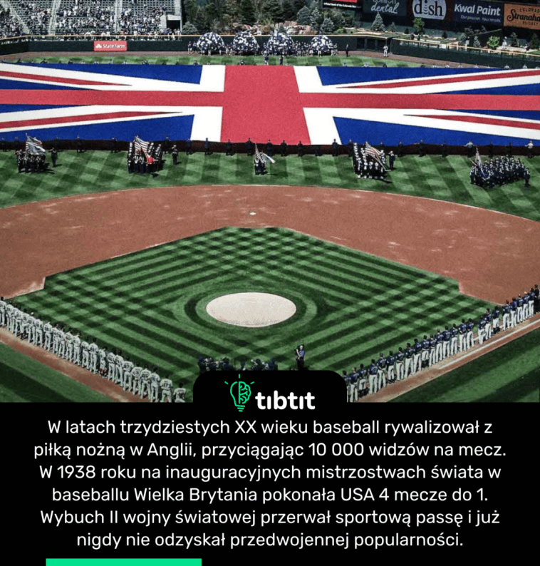 W latach trzydziestych XX wieku baseball rywalizował z piłką nożną w Anglii, przyciągając 10 000 widzów na mecz. W 1938 roku na inauguracyjnych mistrzostwach świata w baseballu Wielka Brytania pokonała USA 4 mecze do 1. Wybuch II wojny światowej przerwał sportową passę i już nigdy nie odzyskał przedwojennej popularności.