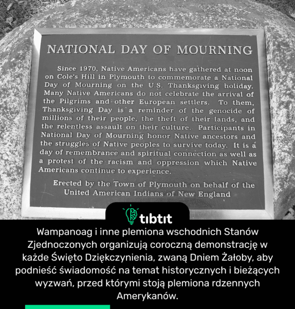 Wampanoag i inne plemiona wschodnich Stanów Zjednoczonych organizują coroczną demonstrację w każde Święto Dziękczynienia, zwaną Dniem Żałoby, aby podnieść świadomość na temat historycznych i bieżących wyzwań, przed którymi stoją plemiona rdzennych Amerykanów.