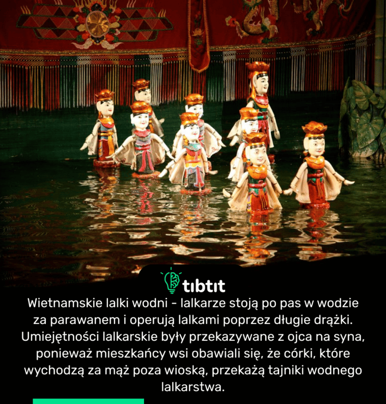 Wietnamskie lalki wodni - lalkarze stoją po pas w wodzie za parawanem i operują lalkami poprzez długie drążki. Umiejętności lalkarskie były przekazywane z ojca na syna, ponieważ mieszkańcy wsi obawiali się, że córki, które wychodzą za mąż poza wioską, przekażą tajniki wodnego lalkarstwa.
