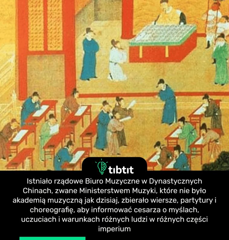 Istniało rządowe Biuro Muzyczne w Dynastycznych Chinach, zwane Ministerstwem Muzyki, które nie było akademią muzyczną jak dzisiaj, zbierało wiersze, partytury i choreografię, aby informować cesarza o myślach, uczuciach i warunkach różnych ludzi w różnych części imperium