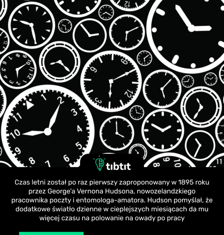 Czas letni został po raz pierwszy zaproponowany w 1895 roku przez George'a Vernona Hudsona, nowozelandzkiego pracownika poczty i entomologa-amatora. Hudson pomyślał, że dodatkowe światło dzienne w cieplejszych miesiącach da mu więcej czasu na polowanie na owady po pracy