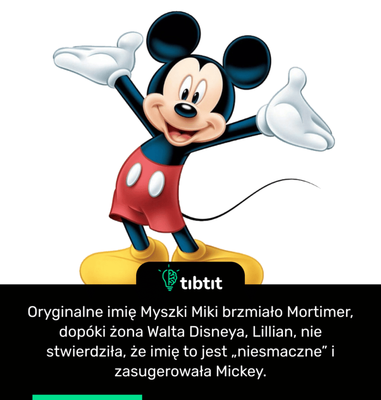 Oryginalne imię Myszki Miki brzmiało Mortimer, dopóki żona Walta Disneya, Lillian, nie stwierdziła, że imię to jest „niesmaczne” i zasugerowała Mickey.