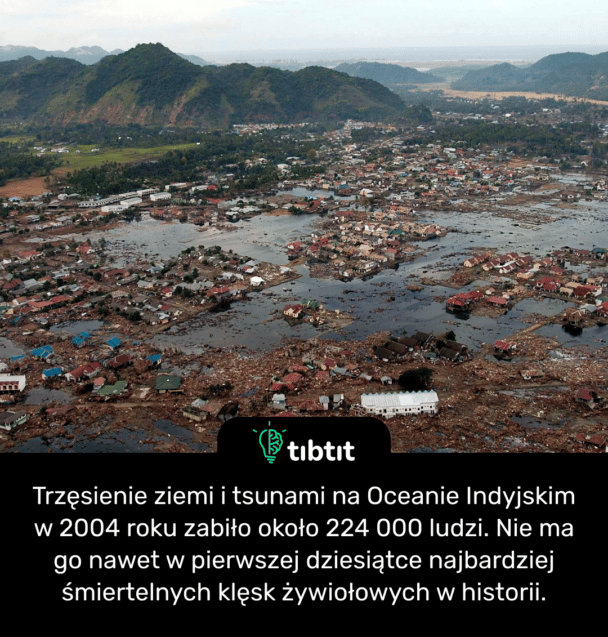Trzęsienie ziemi i tsunami na Oceanie Indyjskim w 2004 roku zabiło około 224 000 ludzi. Nie ma go nawet w pierwszej dziesiątce najbardziej śmiertelnych klęsk żywiołowych w historii.