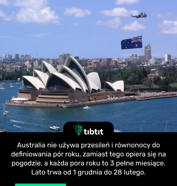 Australia nie używa przesileń i równonocy do definiowania pór roku, zamiast tego opiera się na pogodzie, a każda pora roku to 3 pełne miesiące. Lato trwa od 1 grudnia do 28 lutego.