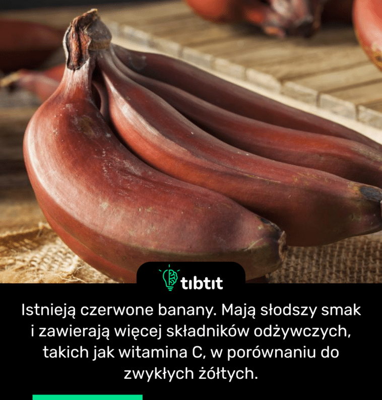 Istnieją czerwone banany. Mają słodszy smak i zawierają więcej składników odżywczych, takich jak witamina C, w porównaniu do zwykłych żółtych.