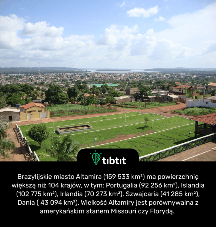 Brazylijskie miasto Altamira (159 533 km²) ma powierzchnię większą niż 104 krajów, w tym: Portugalia (92 256 km²), Islandia (102 775 km²), Irlandia (70 273 km²), Szwajcaria (41 285 km²), Dania ( 43 094 km²). Wielkość Altamiry jest porównywalna z amerykańskim stanem Missouri czy Florydą.