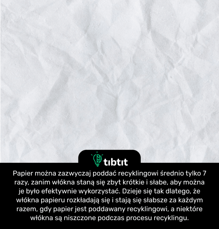 Papier można zazwyczaj poddać recyklingowi średnio tylko 7 razy, zanim włókna staną się zbyt krótkie i słabe, aby można je było efektywnie wykorzystać. Dzieje się tak dlatego, że włókna papieru rozkładają się i stają się słabsze za każdym razem, gdy papier jest poddawany recyklingowi, a niektóre włókna są niszczone podczas procesu recyklingu.