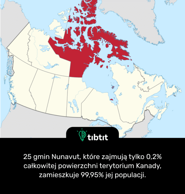 25 gmin Nunavut, które zajmują tylko 0,2% całkowitej powierzchni terytorium Kanady, zamieszkuje 99,95% jej populacji.