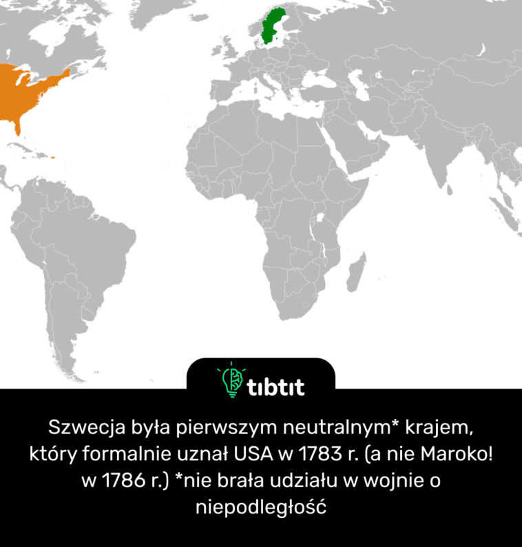 Szwecja była pierwszym neutralnym* krajem, który formalnie uznał USA w 1783 r. (a nie Maroko! w 1786 r.) *nie brała udziału w wojnie o niepodległość