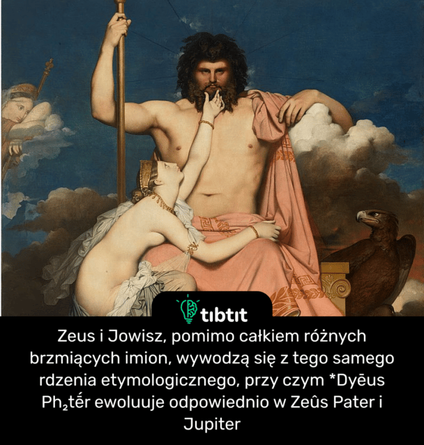 Zeus i Jowisz, pomimo całkiem różnych brzmiących imion, wywodzą się z tego samego rdzenia etymologicznego, przy czym *Dyēus Ph₂tḗr ewoluuje odpowiednio w Zeûs Pater i Jupiter